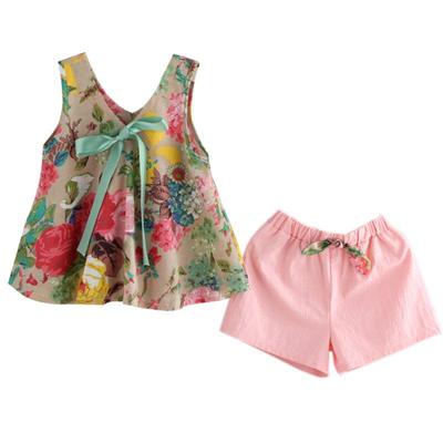 Conjuntos de coletes + shorts infantis sem mangas com estampa floral de verão para meninas infantis