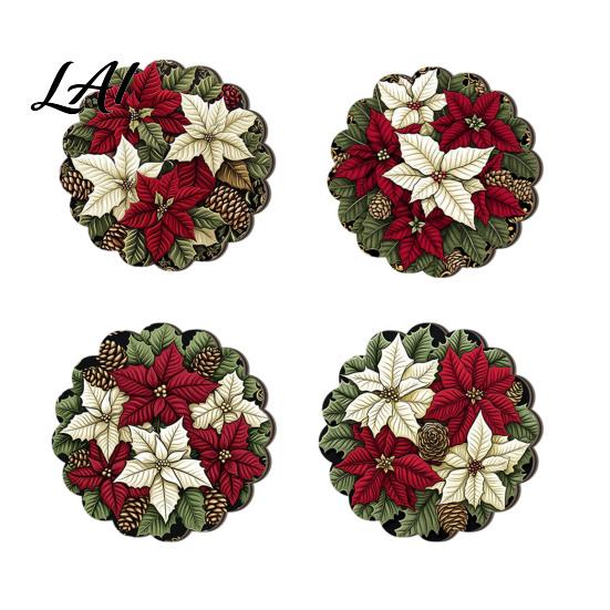 Holiday Table Decor 4/6Pcs Christmas Animal Wooden Coaster Festive Plaid Floral Round Drink Housewarming Gift Ideas Mats Decorations for Home Office