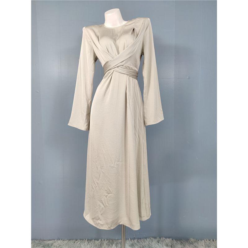 

Foreign Trade Order H Home Strap Bow Slim fit Slimming Horn Long sleeve round Neck Smooth Surface Elegant Big Hemline Dress Light gray M