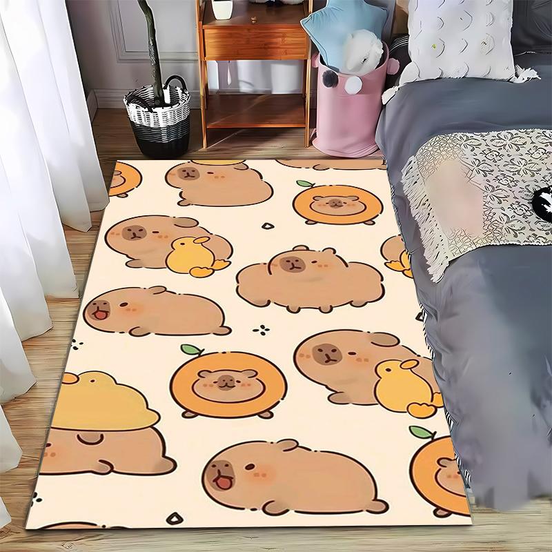 Cute Cartoon Animals Carpet with Bears, Ducks, Fruits, Beige Background Suitable for use as an anti-slip for living room bedroom sofas