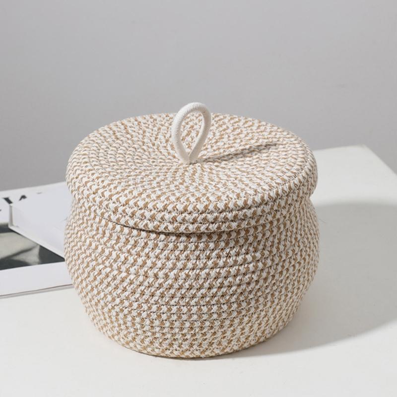 Storage Basket with Lid Key Laundry Round Little Baskets Organizer Shelves Woven Cotton Rope Indoor Pots Plant Decor