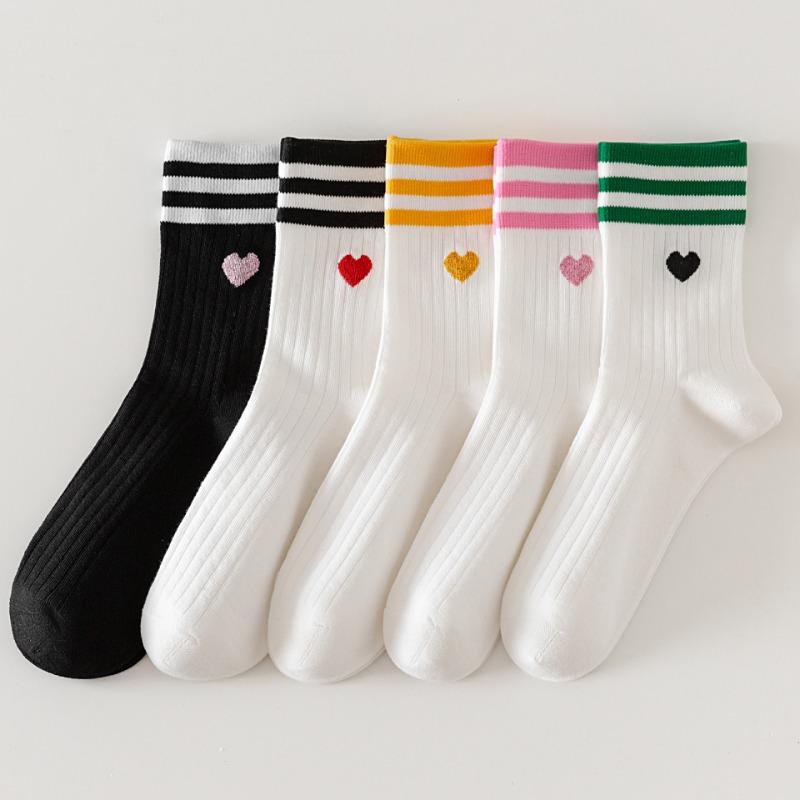 Female Autumn and Winter New Stripe Three Bar Cotton Preppy Style Love Boneless Tube Socks