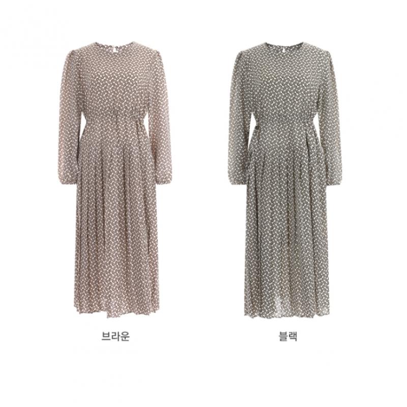 Shop Women Round Pleated Long Sleeve Long Dress Brown Cp Wdr 1568