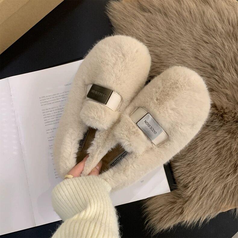 2025 autumn and winter new Mao Mao single shoes fashionable metal buckle round head flat bottom bag head soft bottom warm outer wear a pedal