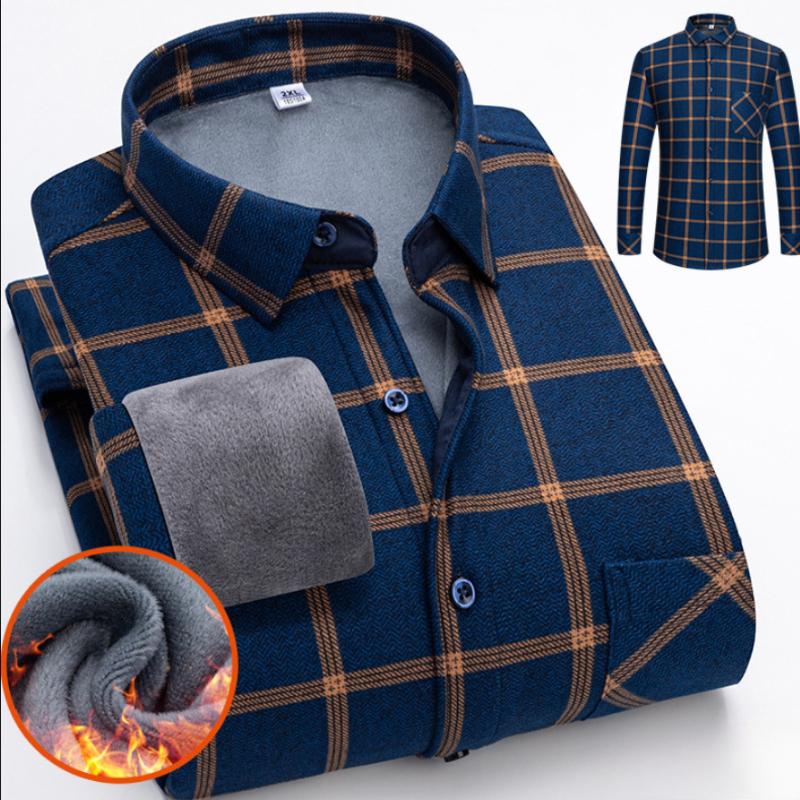 Autumn and Winter Thickened Men's Plaid Long-sleeved Warm Turn-down Collar Button Shirt Classic