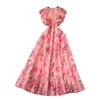 French Style Elegant Dress Women 2025 New Retro Lace Stitching Waist Hugging Temperament Print Frill Long Skirt