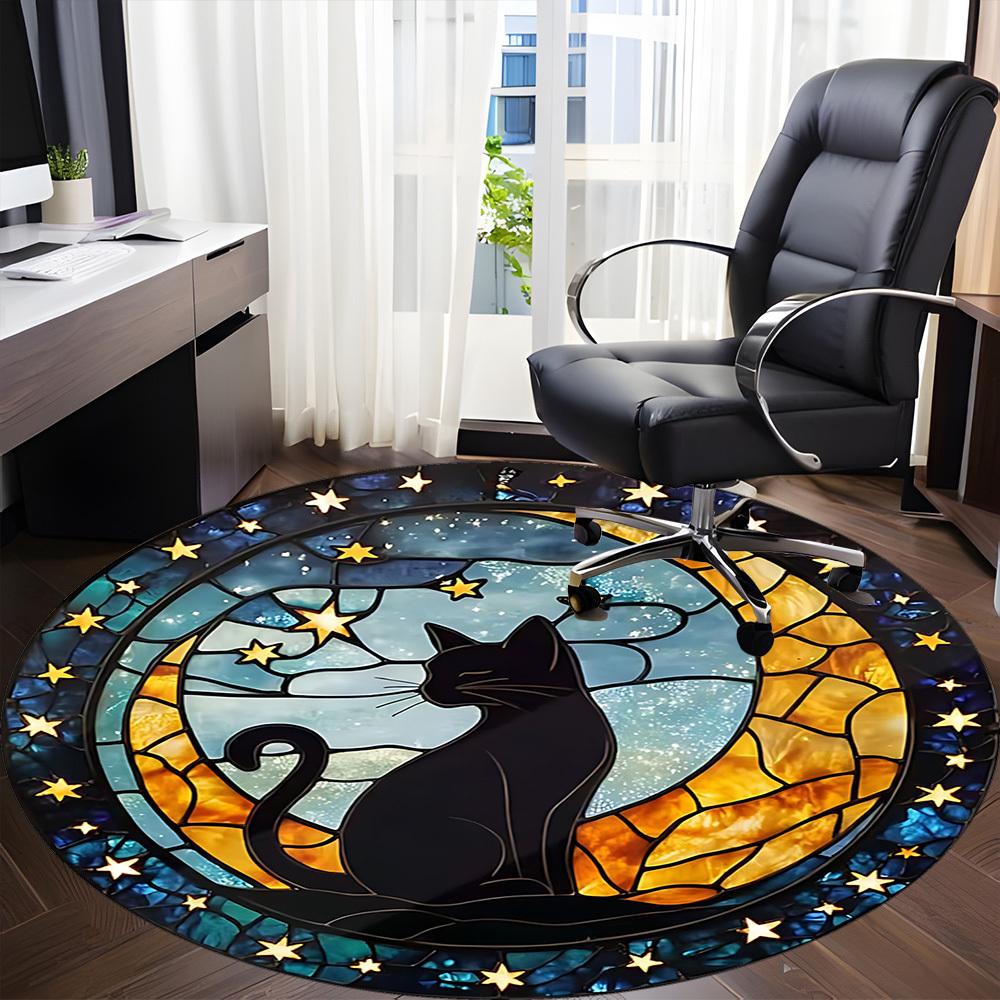 1pc Starry Night Cat Office Round Area Rug, Indoor Mat Suitable ForOffice, Under Office Chairs Bedroom Living Room Home Decor T165