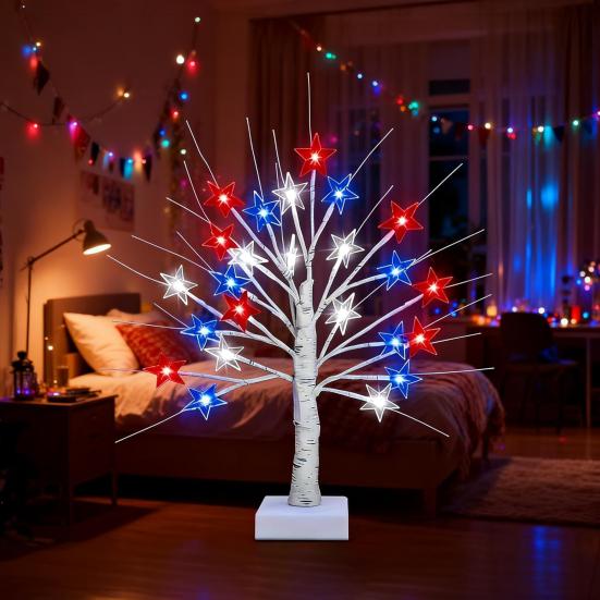 4th of July Decorative Lights Patriotic Tree Ornaments 18 Inch Tabletop Decor with 24 Red White Blue LED Star Lights