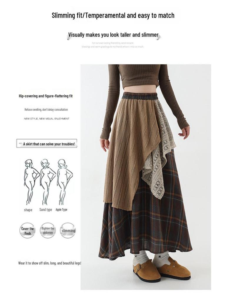 Women's High-Waisted Retro Plaid Lace Patchwork A-Line Skirt with Irregular Hem