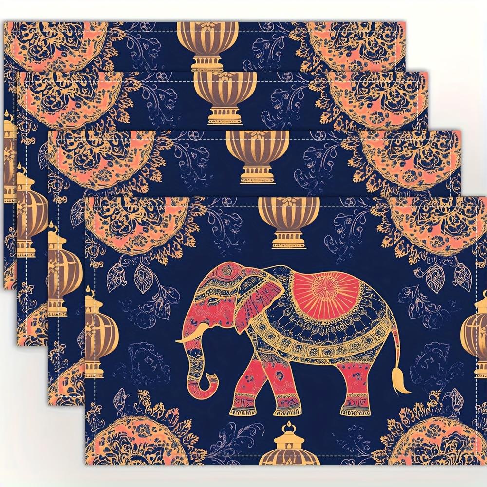 4pcs, Elephant Lantern Table Mat Linen Placemat Ethnic Style Dining Mat Home Decor Kitchen Accessories 4PCS