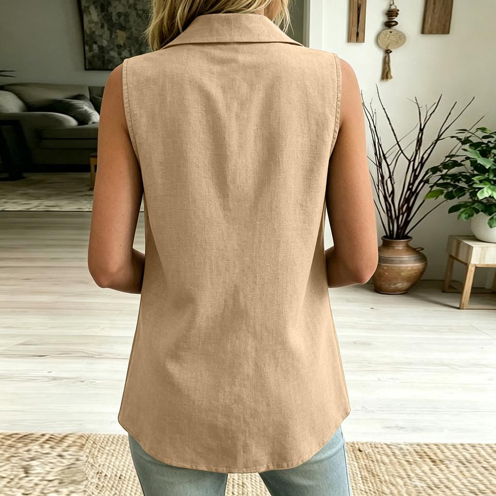 Women's Color V-neck Sleeveless Vest Top Button Inch Shirt