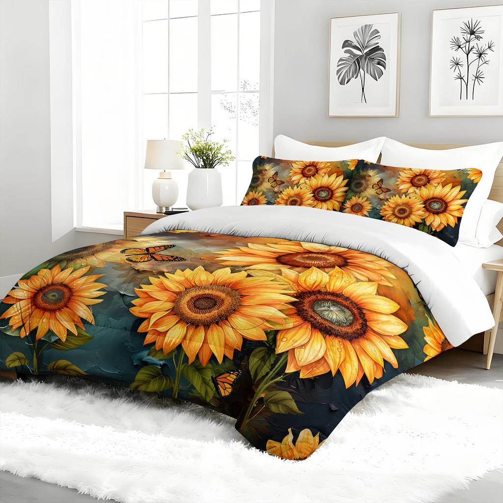 3PC Sunflower & Butterfly Comforter Set Floral Botanical Bedding Duvet Cover with 2 Pillowcases for Bedroom