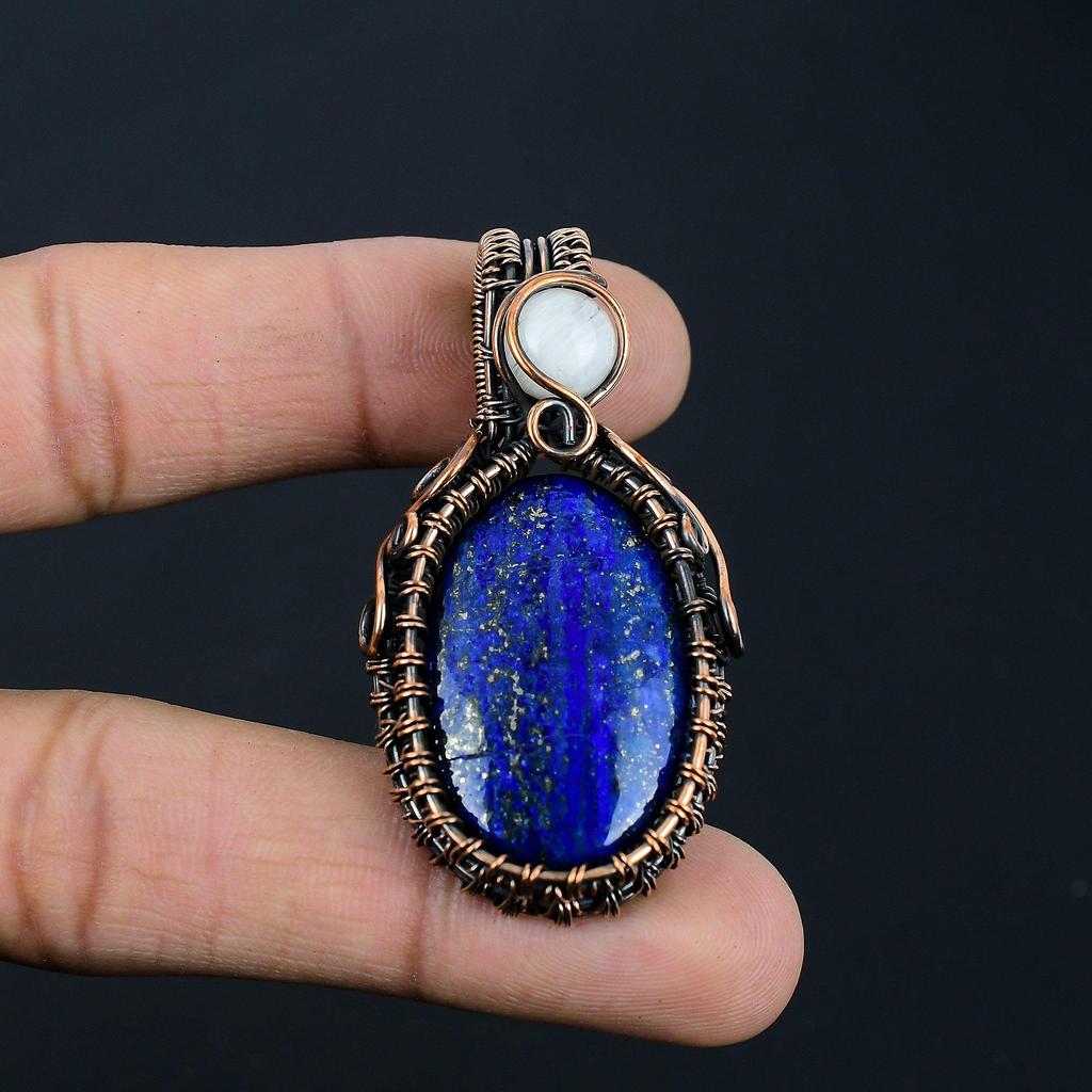 Lapis Lazuli & Moonstone Gemstone Handmade Copper Wire Wrap Jewelry Pendant For Her