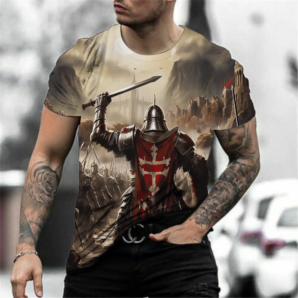 Retro Knights Templar Cross Print Unisex's T-shirts Summer Casual Loose Round- Neck Tee Shirt Sports Tees Oversized T Shirt For Unisex