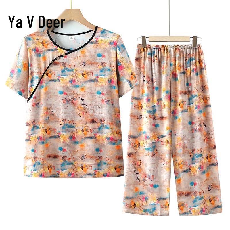Yalu Women s New Chinese Style Floral Summer Two-Piece Set 4XL