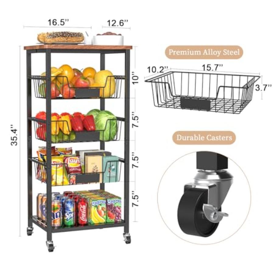 Kitchen Storage Cart Kitchen Basket 5-Tier Utility Organizer with Baskets and Wood Top Rolling Snack Cart with Wheels Metal Bla