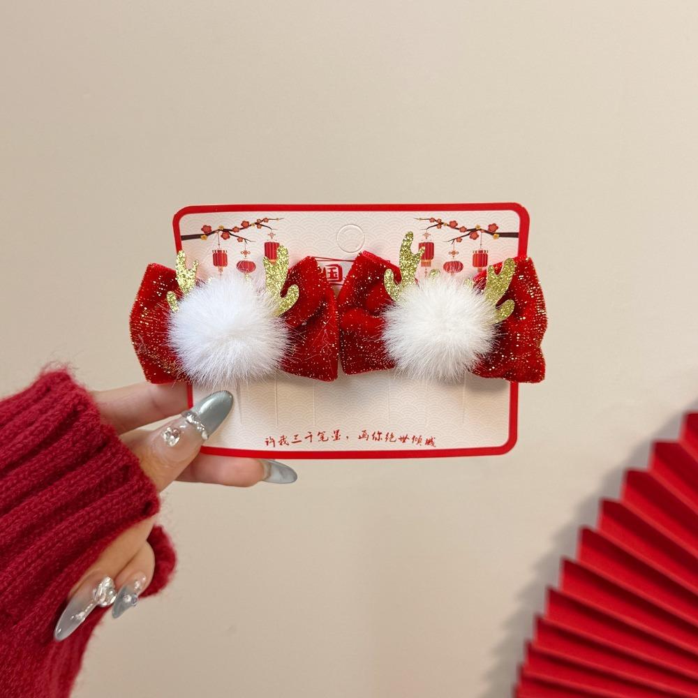 2Pcs RedHair-Velvet Glitter Fabric Clip Set, Tassel, Pom-Pom Detail,Traditional Festive Design, Women s Elegant Hair Accessory