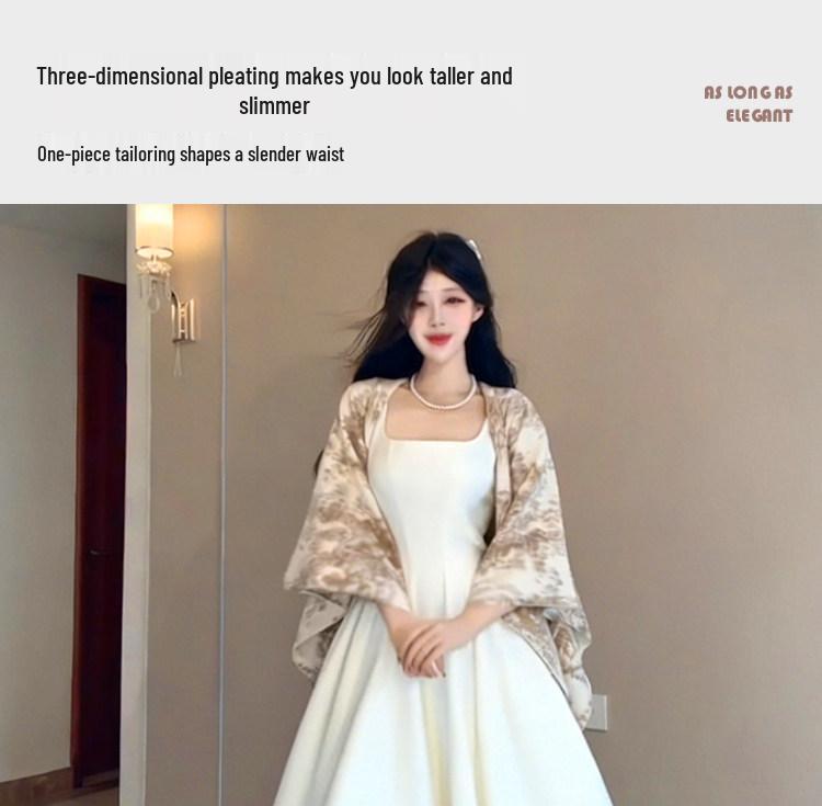 Elegant Women's Spaghetti Strap Waist-Cinched White Long Dress - Early Spring 2026 Collection, Romantic & Formal Design