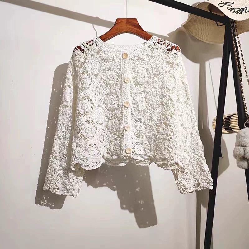 Elegant Long Sleeve Lace Hollow Women Blouse New Cotton Cardigan Female Shirt Ladies Spring and Summer O Neck Casual Versatile Cardigan Female Clothes