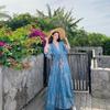 Bali Wear Blue Collar Print Beach Dress Seaside Vacation Bohemian Dress
