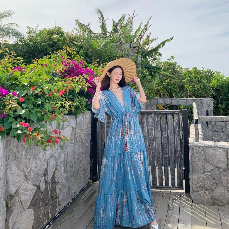 Bali Wear Blue Collar Print Beach Dress Seaside Vacation Bohemian Dress