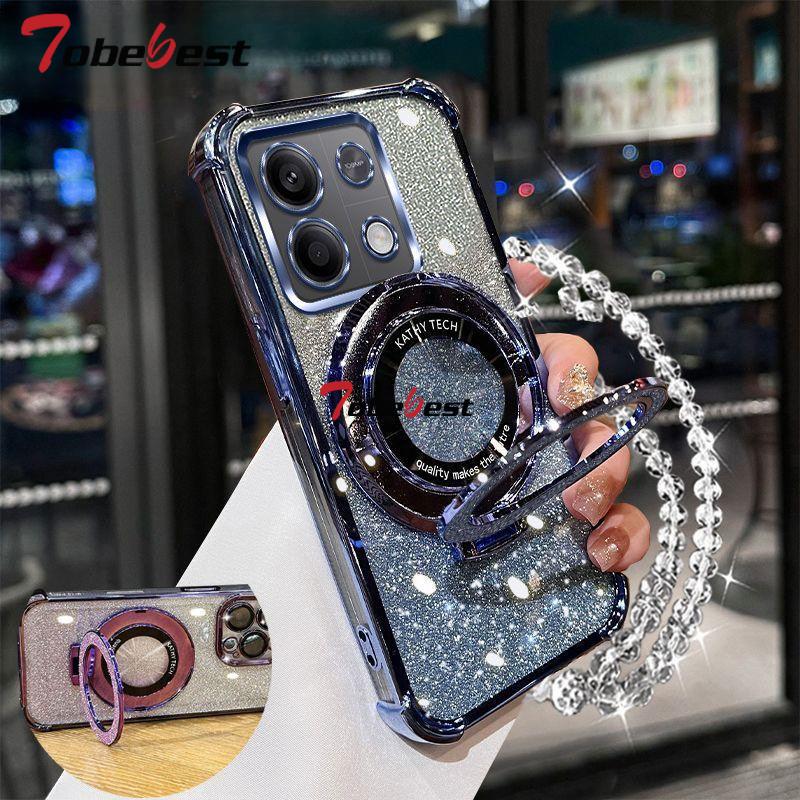 Shockproof Glitter Plating Crystal Bracelet Magsafe Phone Holder Case For Xiaomi Redmi Note 14 13 13R 12 11 10 9 Pro 4G 5G