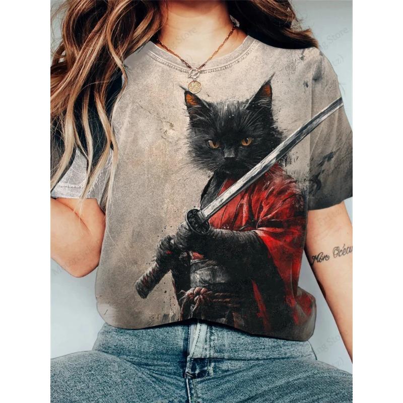 Anime Cat Samurai 3D Print Vintage Graphic T-shirt Women Fashion Casual Oversized Short Sleeve Tops Tees Ladies Clothes Animal