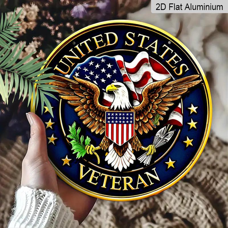 2D Flat, 1pc Patriotic American Veteran Round Aluminum Sign, with US Flag and Eagle Design Retro Wall Art, Suitable for 4th of July, Memrial Day