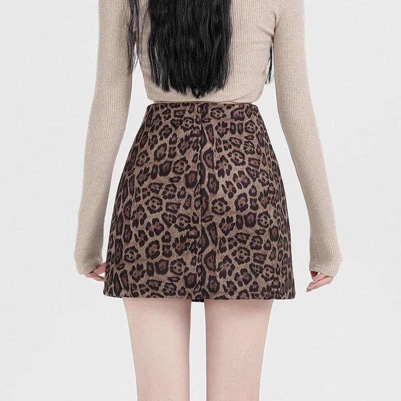 Suede Leopard Print A-line Midi Skirt for Women - Autumn/Winter 2024 Collection