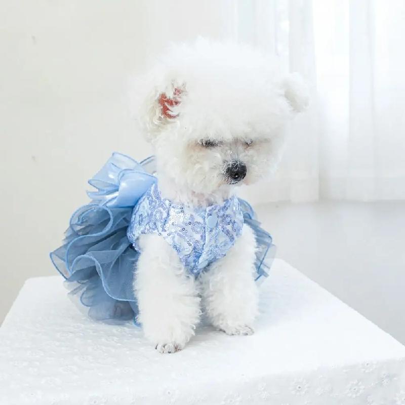 Puppy Gown Fluffy Pet Princess Dress Soft Cute Puppy Fairy Skirt Blue Big Bow Cat Dog Wedding Dress Birthday Party