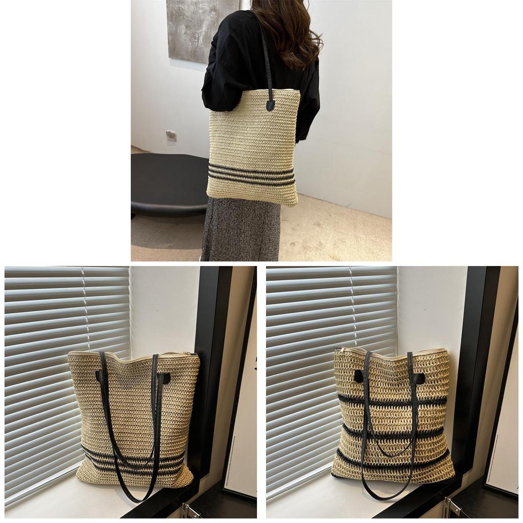Summer Woven Tote Bag With Zipper Closure For Casual Daily Use