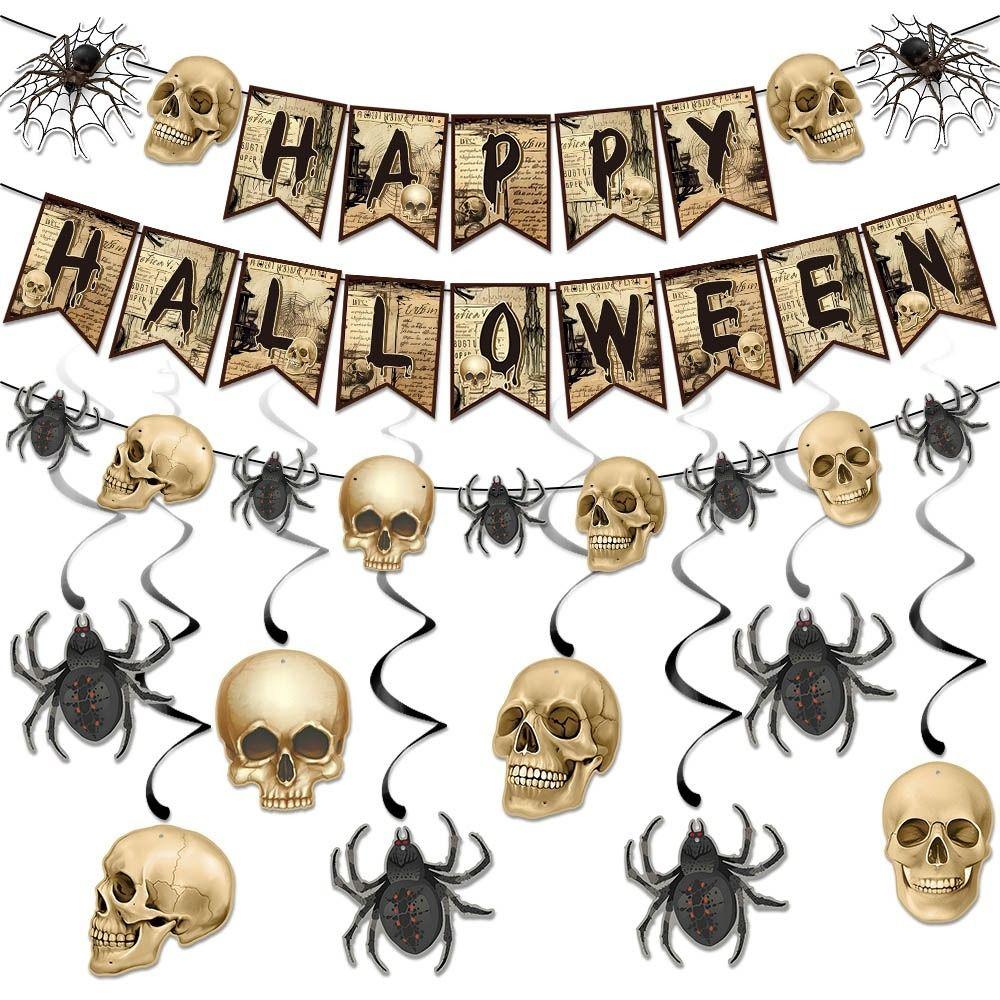 Retro Halloween Hanging Banner Witch Spider Web Skull Pendant Ornament Scary Creative Happy Halloween Party Decorations