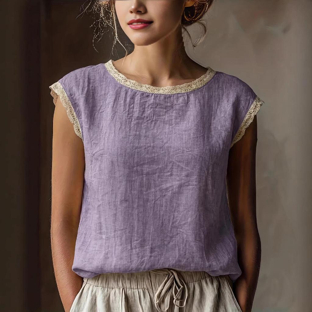 2026 Damen Retro Lockeres Ärmelloses Leinenhemd mit Spitzen-Patchwork