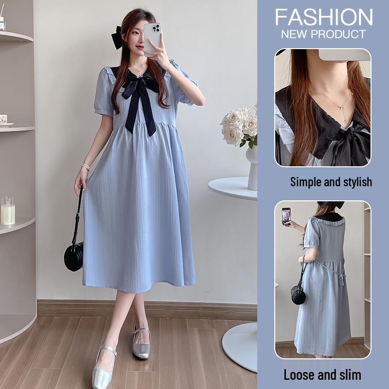 2026 Summer College-Style Maternity Dress with Doll Collar – Slimming, Flaw-Concealing, and Mid-Length Design