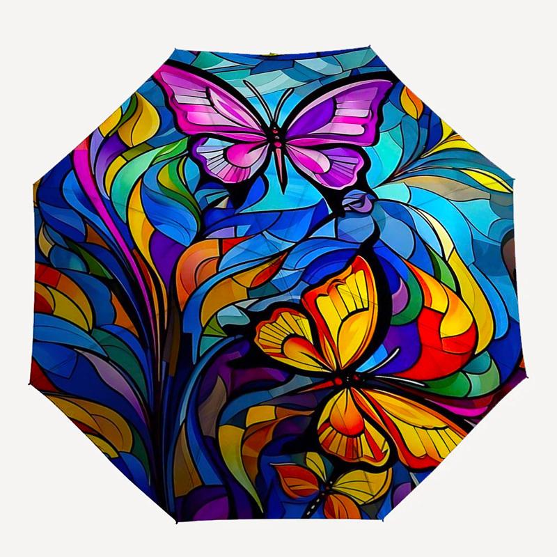 1pc Colorful Butterfly Stained Glass Auto-Folding Umbrella with 3-Fold Design, 8-Bone Iron Frame - Perfect for Outdoor Use, Festive Gifts, Travel, Dai