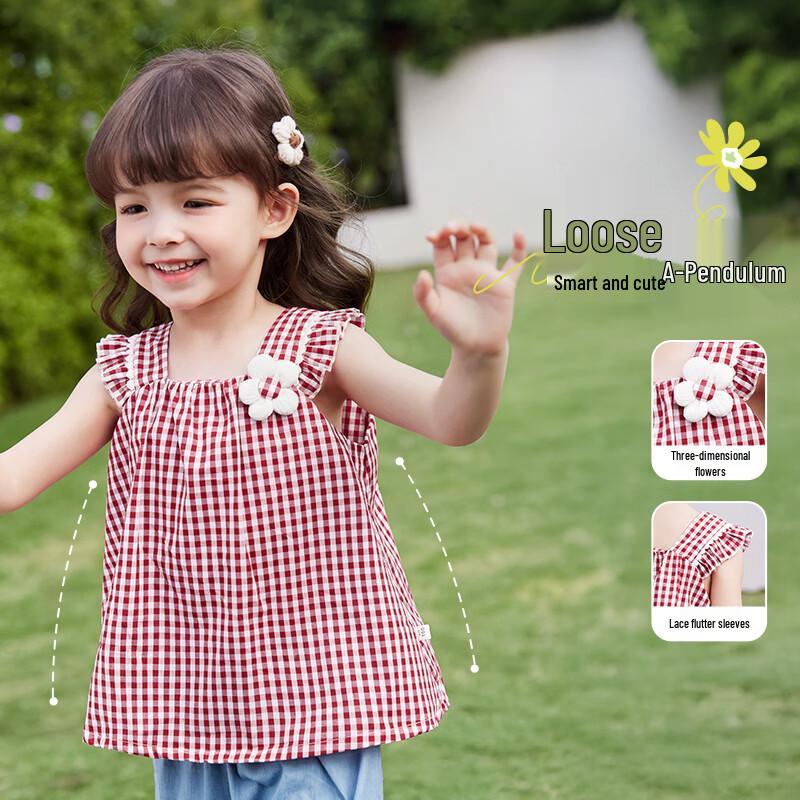 JELLYBABY Girls  3D Flower Plaid Two-piece Summer Outfit 110