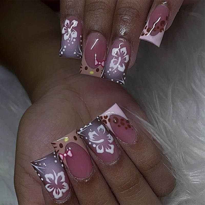 French sweet cat wearing nail art short square fake nails European and American fake nails nail film