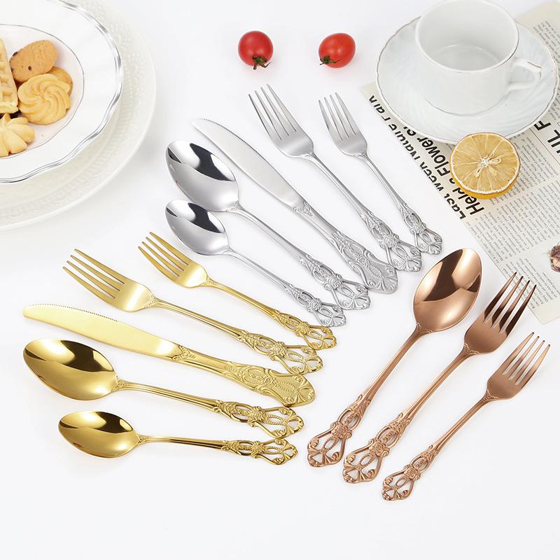 Elegant Stainless Steel Cutlery Set: Royal Court Embossed Steak Knife, Fork & Dessert Spoon for Western Cuisine