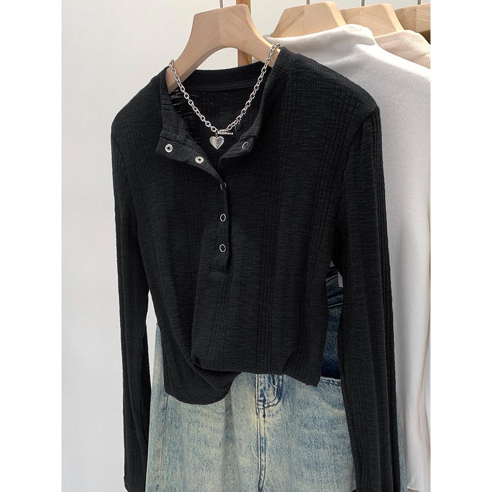 T-shirt rayé à boutons-pression à manches longues pour femme, léger et professionnel, couche de base amincissante pour l'automne/l'hiver/le printemps.
