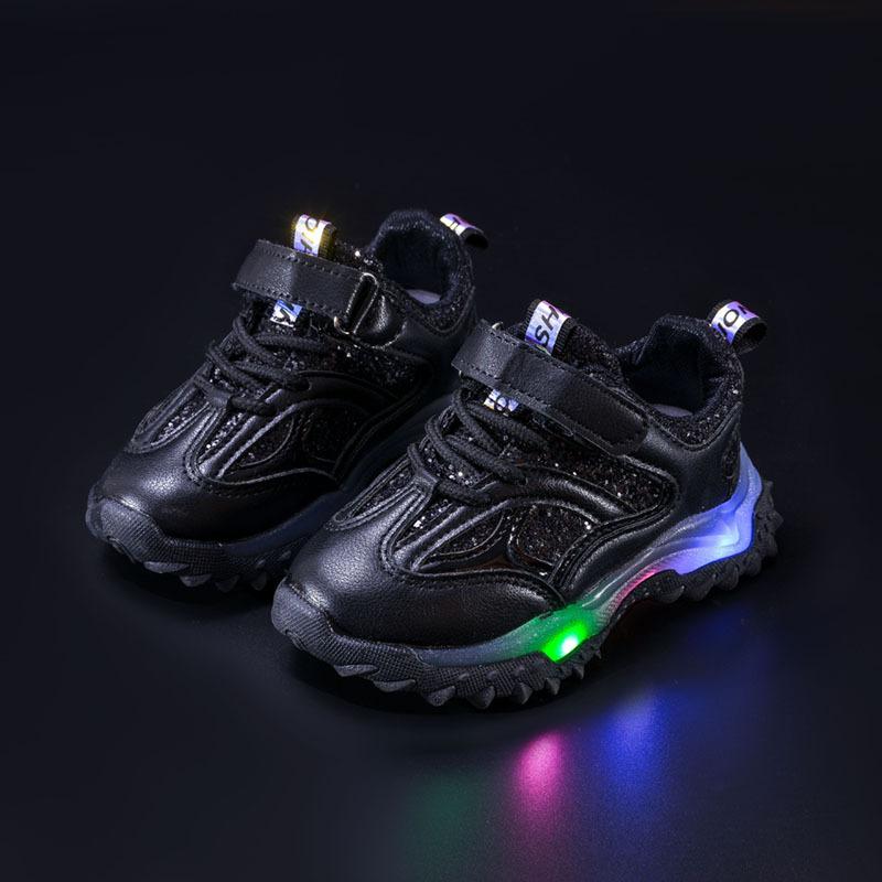 

Детские светящиеся кроссовки весна-осень LDE легкие туфли для мальчиков и девочек нескользящие кожаные легкие туфли с блестками 26 чёрный