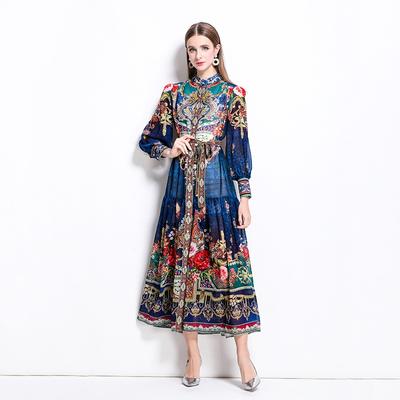 Spring Summer Women Stand Collar Lantern Sleeve Vintage Print Chiffon Loose Long Maxi Holiday Beach Dresses