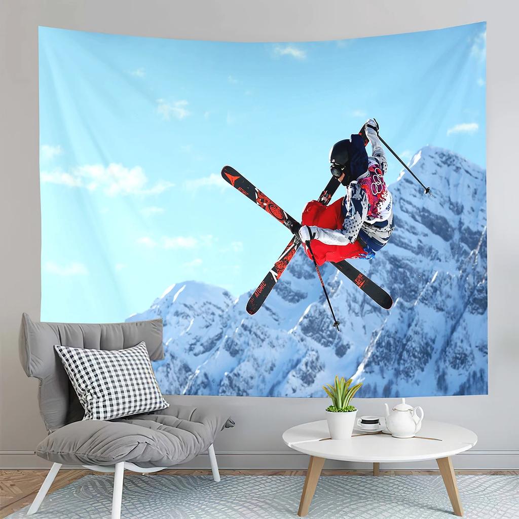 Winter Snow Mountain Tapestry Extreme Skiing Tapestry Natural Scenery Tapestry Home Living Room Bedroom Dorm Decor Tapestries