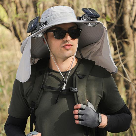 Bucket Hat Lightweight Breathable Water-Repellent Fabric Hiking Hat Adjustable Chin Cord Foldable Neck Guard Sun Hat with 2 Fans