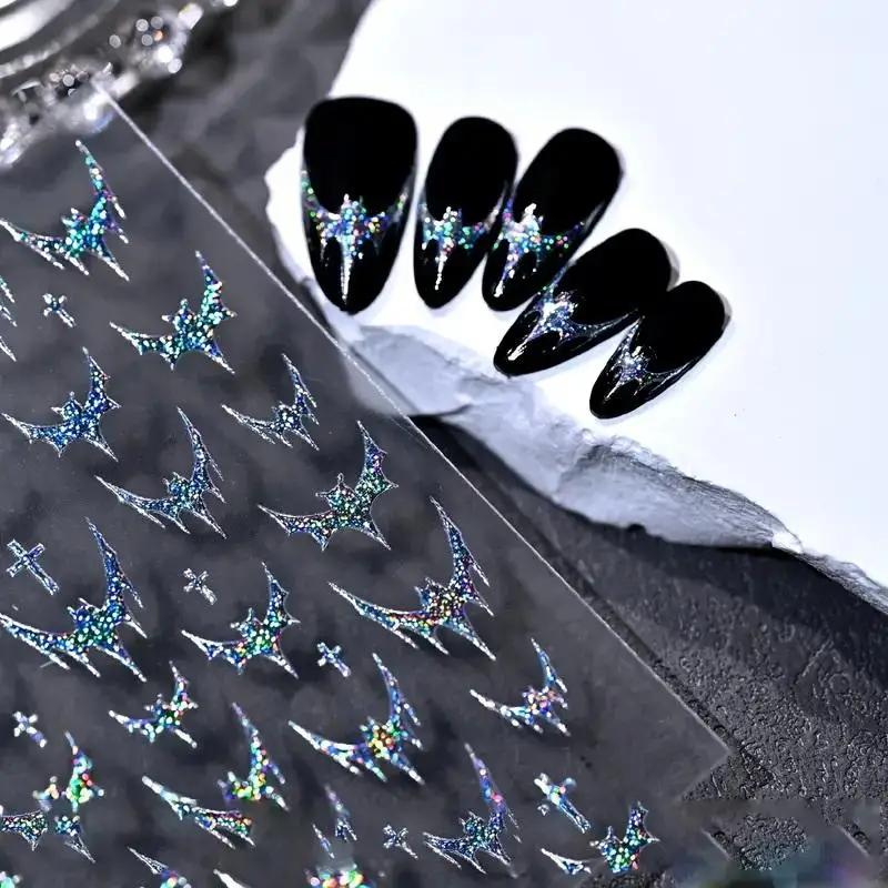 1sheet Halloween Dazzling Laser Gothic Dark Bat Cross Adhesive Nail Art Stickers Decals Manicure Shiny Red Silver Black Charms