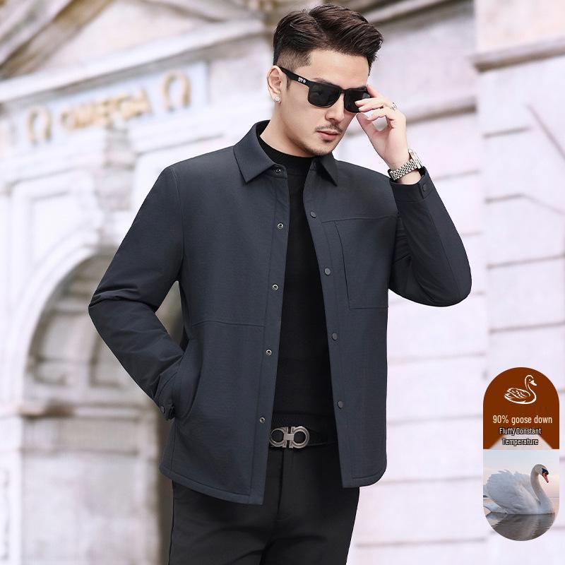 Men's Hooded Winter Jacket with Detachable Liner – 90% Goose Down, Warm Mid-Length.