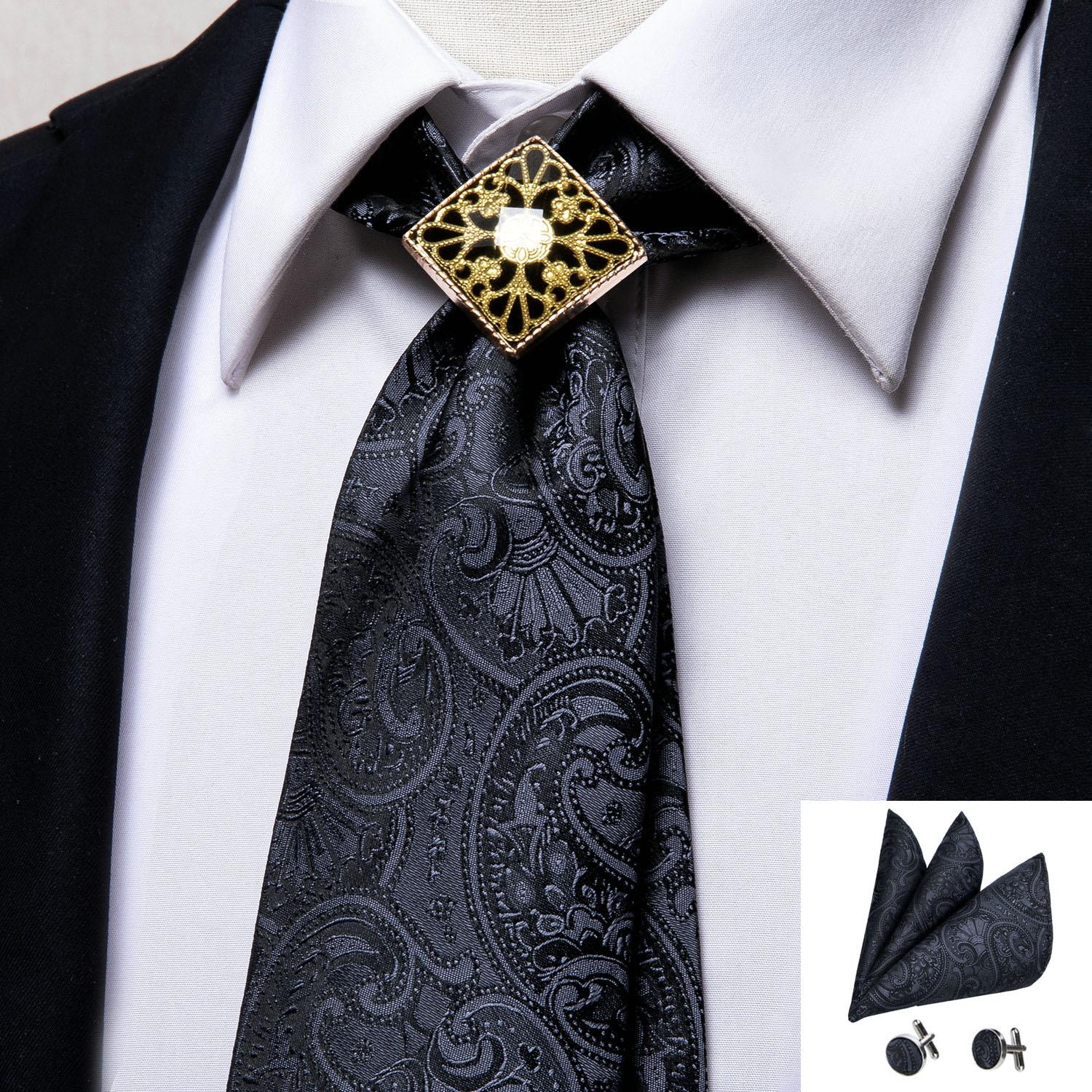 

Черный галстук Hi-Tie для мужчин, галстук с узором пейсли, носовой платок, запонка, кольцо для галстука, галстук-боло, бутоньерка, деловой набор