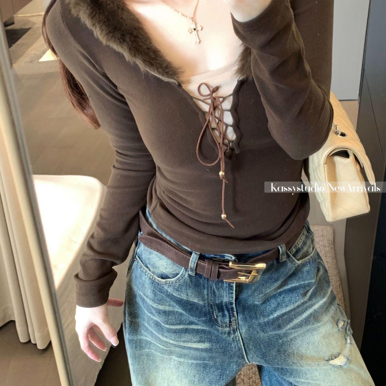 Autumn/Winter Fur Collar Patchwork Lace-up Slim Fit Long Sleeve Base Layer Shirt for Women XL кофейный
