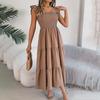 Autumn Winter Women Elegant High Waist Pleated Dress Short Sleeve Solid Color Lace Up Fashion