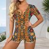 Women Plus Size Printed V Neck Short Sleeve Button Front Romper White Green Orange
