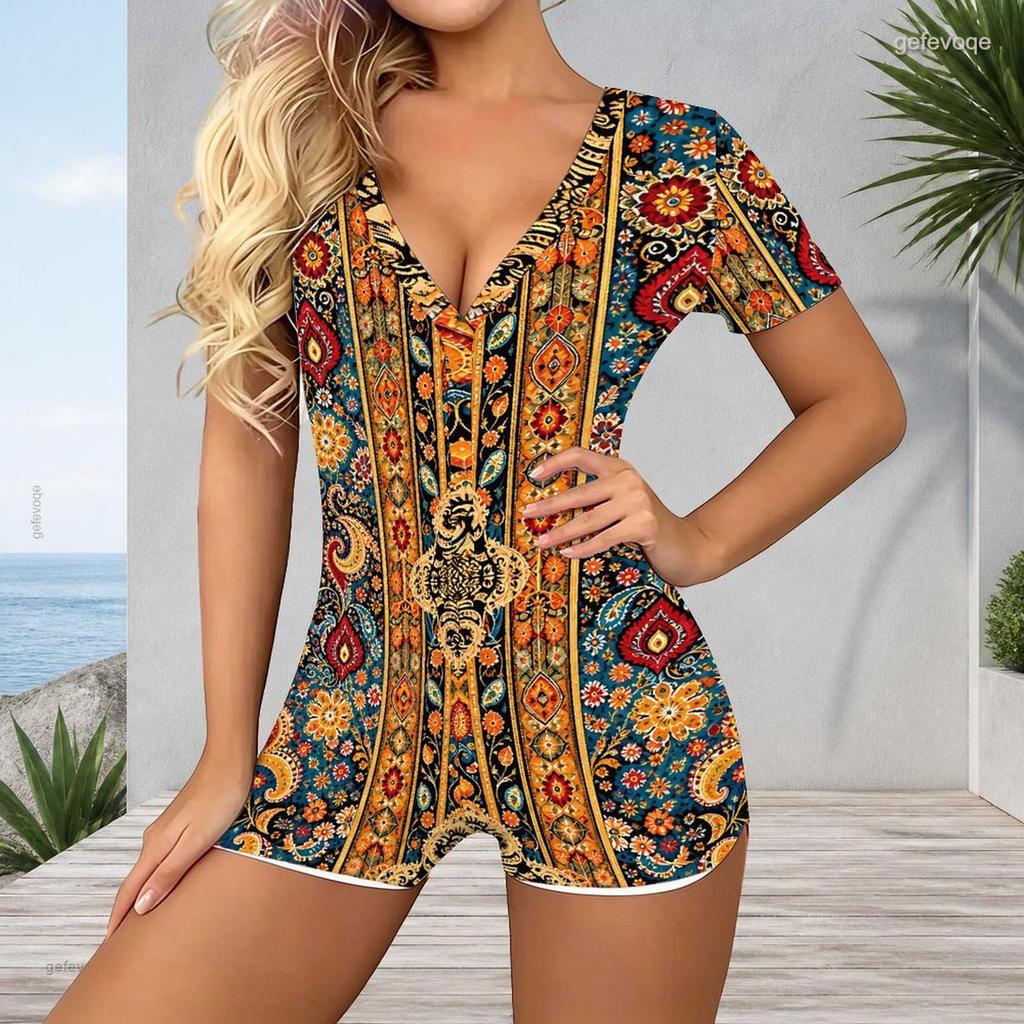 Women Plus Size Printed V Neck Short Sleeve Button Front Romper White Green Orange